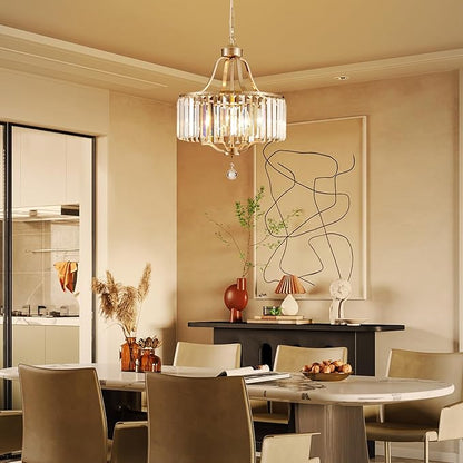 Modern Crystal Chandeliers Round 4-Light Large Brushed Nickel Pendant Lighting Fixture for Dining Room Living Room Kitchen Island Bedroom Hallway Hall Foyer, 15.7"