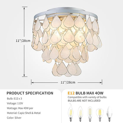 3-Light Teardrop Capiz Shell Ceiling Light, Coastal Design Flushmount Close to Ceiling Light for Kitchen, Dining Room & Bedroom, D11 * H11 inch, Silver Finish