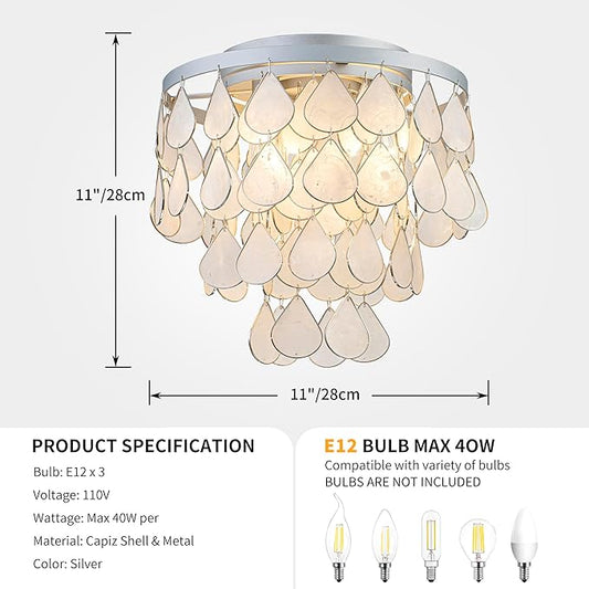 3-Light Teardrop Capiz Shell Ceiling Light, Coastal Design Flushmount Close to Ceiling Light for Kitchen, Dining Room & Bedroom, D11 * H11 inch, Silver Finish