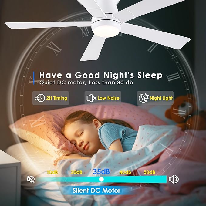 Hounberi 52" Flush Mount Ceiling Fan with Lights and Remote, Modern Black Low Profile Ceiling Fan, Quiet Reversible DC Motor, 3CCT Dimmable LED, Ideal for Bedroom, Kitchen and Low Ceilings, White