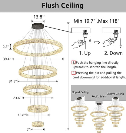 HAIXIANG 5-Rings Modern Chandelier with LED Dimmable Lights Crystal High Ceiling Chandeliers Lighting for Living Room Foyer Entryway Luxury Indoor Light Black Fixtures