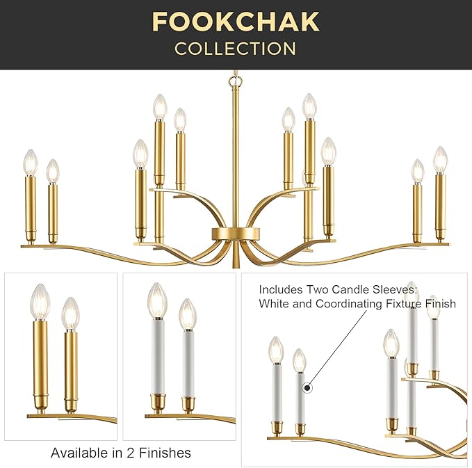 12 Light Gold Living Room Chandelier High Ceiling Foyer Candle Chandelier Large Modern Brass 44in Metal Chandeliers Hanging Light for Master Bedroom Dining Room Light Fixture Over Table