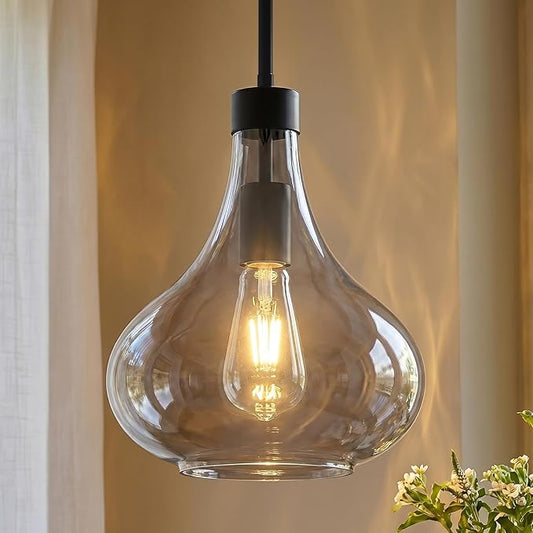 Modern Glass Pendant Light 9.44 in Smoke Gray Glass Shade Black Farmhouse Island Pendant Lights for Kitchen Pendant Lighting Over Sink Bedroom Dining Room