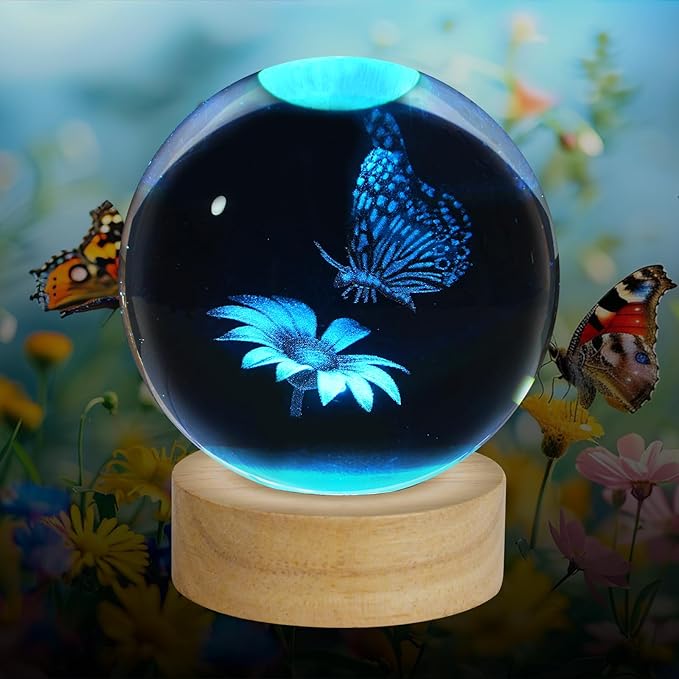 3D Butterfly Crystal Ball Night Light, Upgraded 3.15 Inch Glass Ball Lamp with 16 Color LED Wooden Base, Butterfly Lamp Bedroom Decor Birthday Christmas Butterfly Gifts for Kids Friends