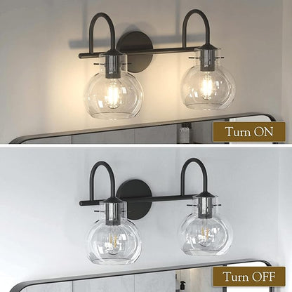 Bathroom Vanity Light Fixtures, Modern 2 Lights Vanity Lighting Fixture Matte Black, Farmhouse Metal Wall Lamp with Globe Glass Shade, Porch Wall Mount Light Fixture for Mirror Cabinets