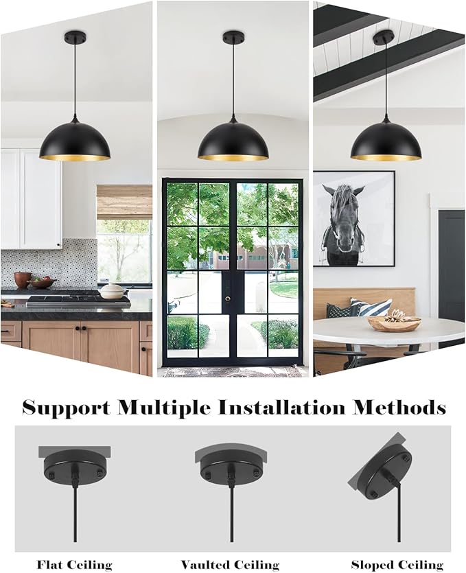 Black Pendant Lights Kitchen Island 3 Pack, 14 Inch Large Dome Pendant Light, Black and Gold Farmhouse Industrial Pendant Light, Island Pendant Lights for Kitchen, Dining Room