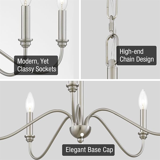 Kira Home Archer 28" 5-Light Farmhouse Chandelier, Brushed Nickel Ceiling Fixture with Elegant Curved Swoop Arms, Brushed Nickel Finish