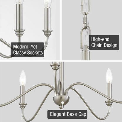 Kira Home Archer 28" 5-Light Farmhouse Chandelier, Brushed Nickel Ceiling Fixture with Elegant Curved Swoop Arms, Brushed Nickel Finish