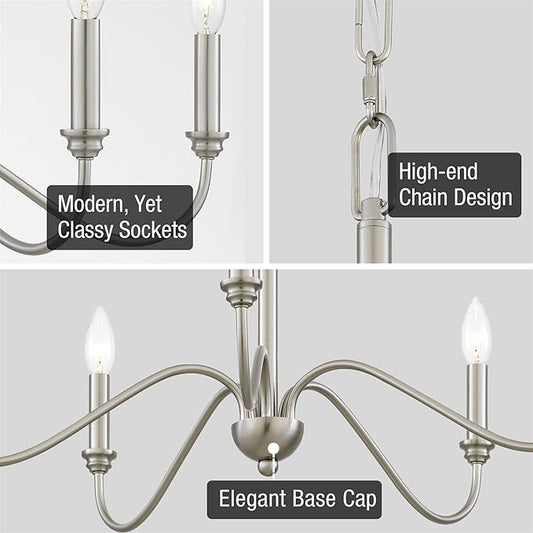 Kira Home Archer 28" 5-Light Farmhouse Chandelier, Brushed Nickel Ceiling Fixture with Elegant Curved Swoop Arms, Brushed Nickel Finish