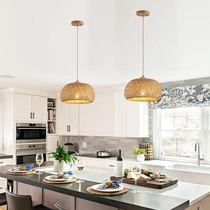 Bamboo Pendant Light Fixture One-Light Adjustable Boho Basket Handmade Woven Pendant Lighting for Kitchen Island Sink Farmhouse Dining Room