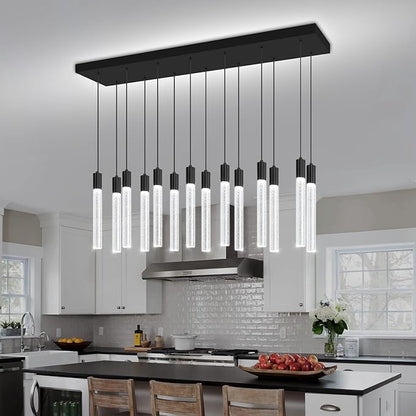 Modern Rectangular Crystal Chandelier Led 14-Light Black Crystal Column Chandelier for Staircase, Living Room, Foyer, Hallway