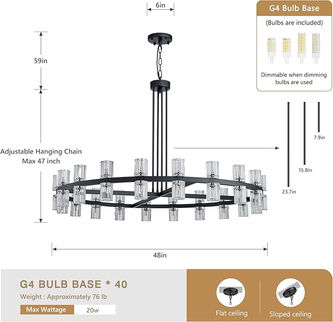 48" Black Wagon Wheel Crystal Chandelier, Modern Round Chandelier for Dining Room Table, K9 Crystal Ceiling Chandelier for Living Room Entryway Foyer, Includes 40× G4 Bulbs