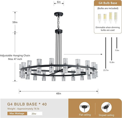 48" Black Wagon Wheel Crystal Chandelier, Modern Round Chandelier for Dining Room Table, K9 Crystal Ceiling Chandelier for Living Room Entryway Foyer, Includes 40× G4 Bulbs