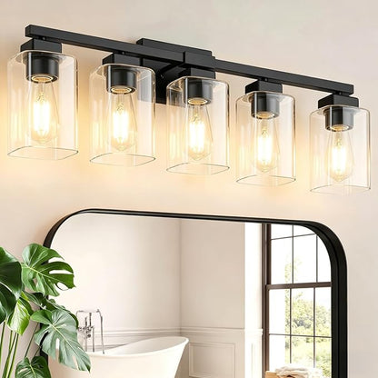 BesLowe 31" 5-Light Bathroom Light Fixture, Modern Black Bathroom Vanity Light, Bathroom Lighting Fixtures Over Mirror, Matte Black Wall Socnce Lamp, Wall Lights for Living Room Bedroom Hallway