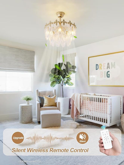 20" Gold Fandelier Ceiling Fan with Light, Gold Crystal Chandelier Ceiling Fans with Lights and Remote Control, Mid Century Enclosed Caged with 6 Speeds for Bedroom, Nursery, Living Room