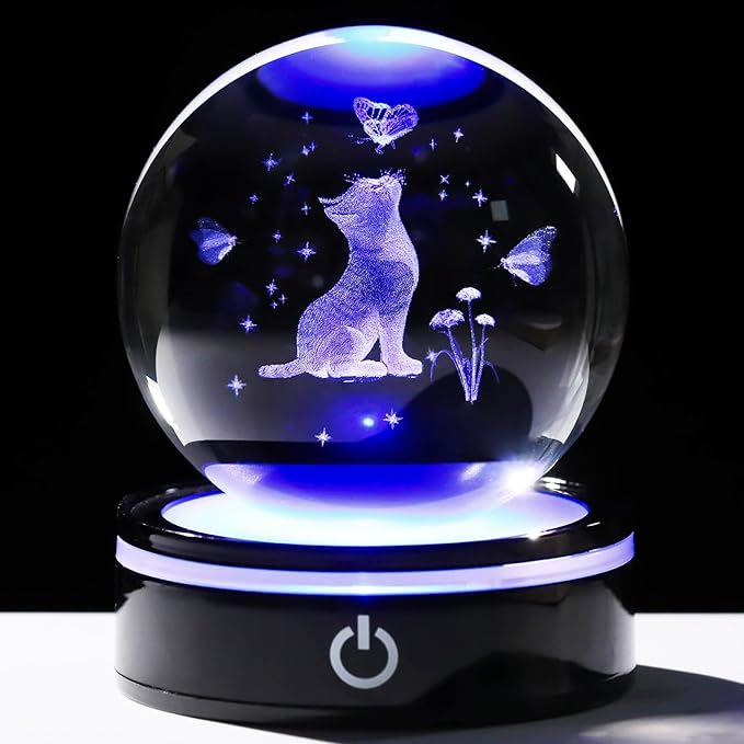 YWHL 3D Crystal Cat Butterfly Figurines Ball with Colorful Light Base, Laser Engraved Cat Gifts for Women Men on Birthday, Animal Snow Globes Figurine Collection for Home Decor