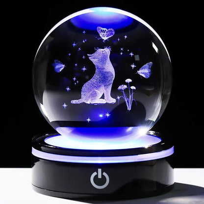 YWHL 3D Crystal Cat Butterfly Figurines Ball with Colorful Light Base, Laser Engraved Cat Gifts for Women Men on Birthday, Animal Snow Globes Figurine Collection for Home Decor