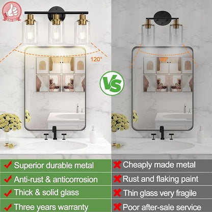 Zarbitta 3-Light Bathroom Light Fixtures, Black and Gold Bathroom Wall Lights, Modern Vanity Light with Clear Glass Shade, Bathroom Wall Lamp for Mirror Kitchen Bedroom Hallway Cabinet