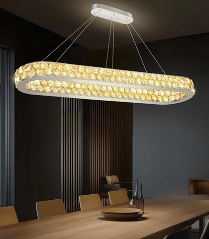 47'' Modern Oval Chandelier Crystal Chandeliers for Dining Room Round Ceiling Light Fixture for Living Room Lighting LED Dimmable with Remote Ring Lights Silver