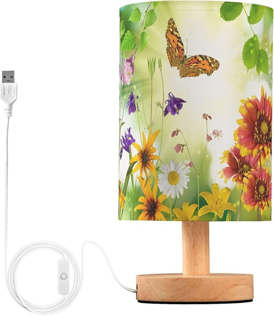 Nature Floral Chrysanthemum Iris Daisy Flower Butterfly Leaf Table Lamp with Wood Base Fabric Lamp Shade Bedside Nightstand Desk Lamp for Living Room Bedroom Kids Room Office