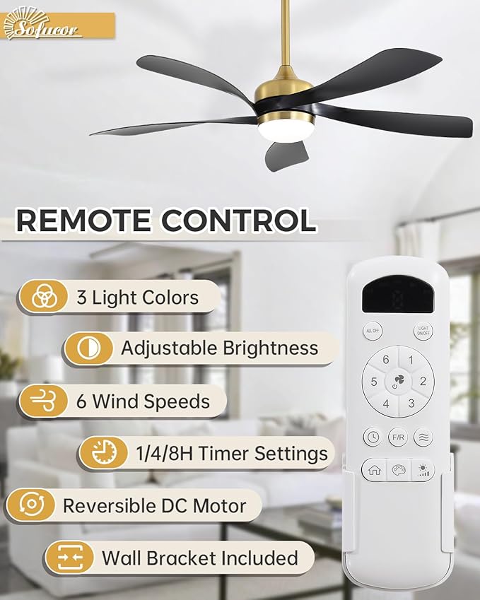 Sofucor 52 Inch Ceiling Fans with Lights and Remote, Outdoor Ceiling Fan with Light 6-Speed 3 CCT 3-Timer, Black Low Profile Ceiling Fan 5 Blade Reversible DC Motor for Living Room Bedroom Patio