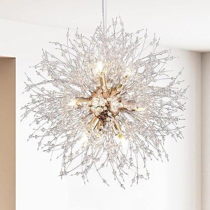 Firework Gold Crystal Chandelier, 9-Light Dandelion Chandelier Lighting for Dining Room, 19.6" Modern Sputnik Pendant Light for Bedroom Kitchen Island