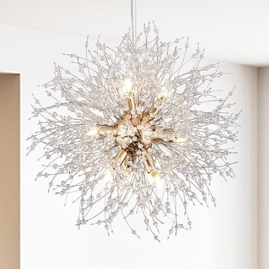 Firework Gold Crystal Chandelier, 9-Light Dandelion Chandelier Lighting for Dining Room, 19.6" Modern Sputnik Pendant Light for Bedroom Kitchen Island