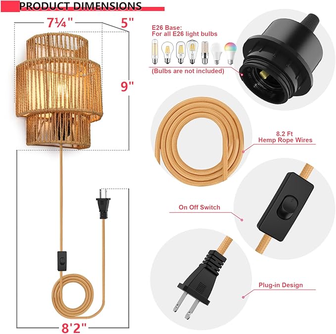 Plug-in Wall Sconces Set of 2, Handwoven Bohemian Wall Decor with Switch, Wall Lights Fixtures for Bedroom Living Room Hallway Porch