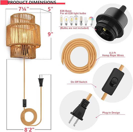 Plug-in Wall Sconces Set of 2, Handwoven Bohemian Wall Decor with Switch, Wall Lights Fixtures for Bedroom Living Room Hallway Porch