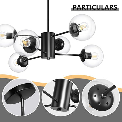 Bagood 6-Light Globe Sputnik Chandelier Modern Black Sputnik Chandelier Mid Century Pendant Light Matte Black Finished with Clear Globe Glass Lampshade Chandeliers for Dining Room Kitchen