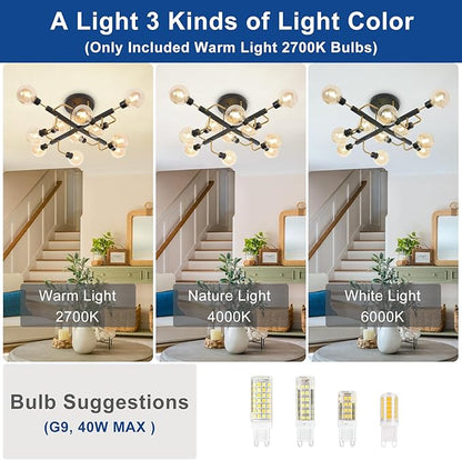 Depuley Sputnik Chandelier with Globe Glass: 12-Light Black and Gold Ceiling Light Fixture for Living Room Bedroom - Vintage Hanging Bubble Chandeliers for Dining Room Office (Included G9 Bulbs)