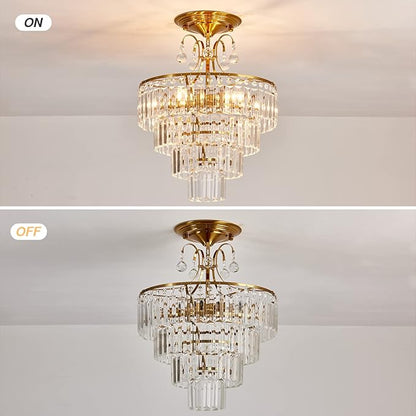 CVKASH 5 -Lights Crystal Gold Chandelier Fixture Modern Semi Flush Mount Ceiling Light with E12 Ceiling Lighting for Bedroom Living Room Kitchen Hallway Dining Room,D15.35 x H20.07