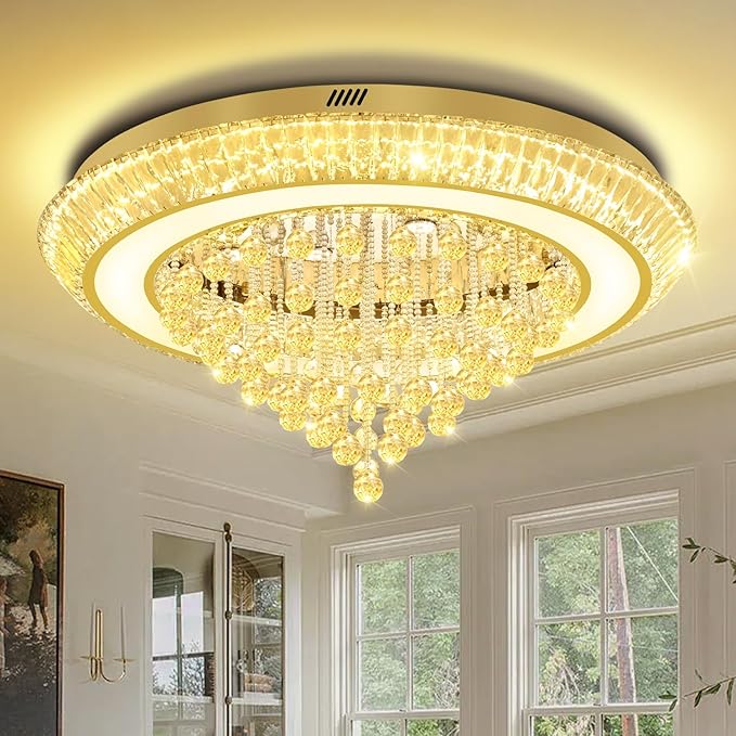 Modern Crystal Chandelier for Living Room, 40in Led Gold Crystal Drop Ceiling Light, Crystals Chandeliers for Dining Room, Living Room, Bedroom