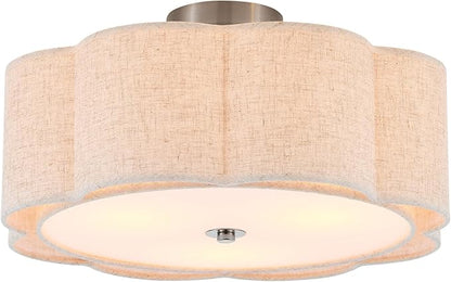 Semi Flush Mount Ceiling Light, Beige Linen Fabric Shade Ceiling Light, Chrome Modern Farmhouse Close to Ceiling Light for Bedroom, Hallway, Living Room, Dining Room, Laundry Room