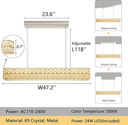 47 Inch Rectangular Crystal Chandelier Glam Dimmable LED Chandeliers for Dining Room Linear Pendant Light with Remote Control for Kitchen Island Silver