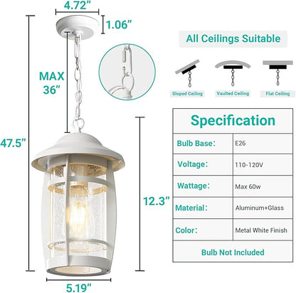 LOUSACE 1-Light Outdoor Pendant Lights for Porch, Exterior Hanging Porch Light Fixture Ceiling Mount Outdoor Chandelier, Waterproof White Aluminum Finish with Seeded Glass, for Gazebo Patio Entrance