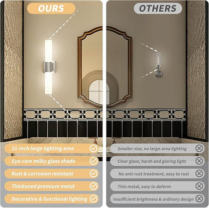 Bathroom Wall Sconces Set of Two, 21 Inch Modern Vanity Lights with Frosted Glass Shade, Bathrooms Vanity Lighting Fixtures for Mirror Bedroom Living Room Hallway (Silver)
