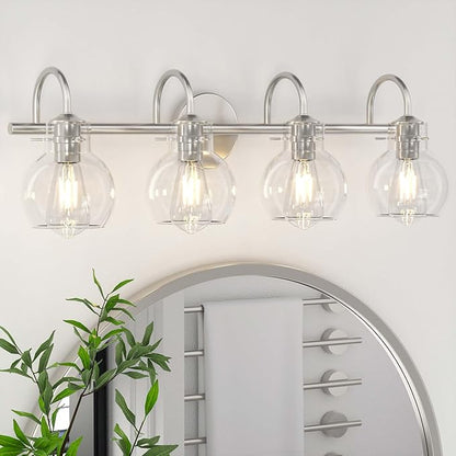 4-Light Bathroom Light Fixtures, Brushed Nickel Vanity Light, Farmhouse Wall Lights with Clear Glass Shade, Bathroom Wall Lamp for Mirror Kitchen Bedroom Hallway Living Room Hallway Cabinet