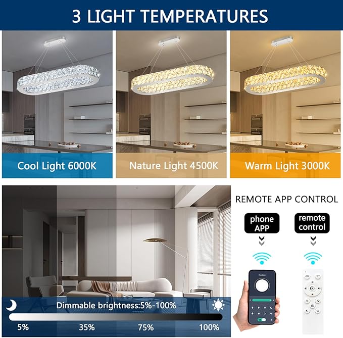 32'' Modern Oval Chandelier Crystal Chandeliers for Dining Room Round Ceiling Light Fixture for Living Room Lighting LED Dimmable with Remote Ring Lights Silver