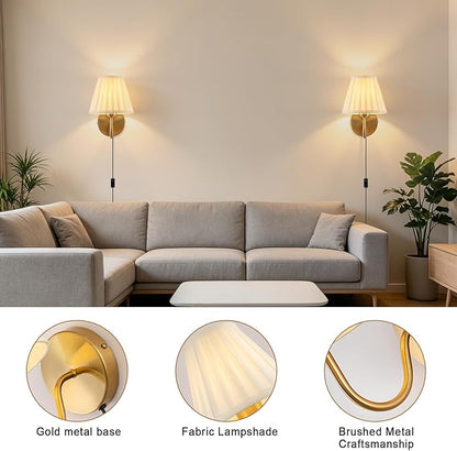Plug in Wall Sconces Set of Two, Fabric Shade Wall Light with On/Off Switch, Plug in Wall Mount Lamps Wall Decor Set of 2, Gold Sconces Wall Lighting Fixture for Bedroom Bedside Living Room Porch