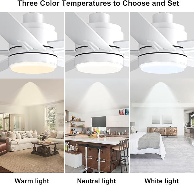 YUHAO 48 Inch White Ceiling Fan with Light and Remote Control.Noiseless,Dimmable, 3CCT,6 Speeds Reversible, Modern DC Ceiling Fans for Indoor or Covered Outdoor Use,ETL Listed