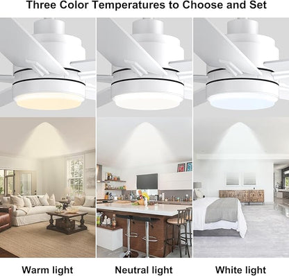 YUHAO 48 Inch White Ceiling Fan with Light and Remote Control.Noiseless,Dimmable, 3CCT,6 Speeds Reversible, Modern DC Ceiling Fans for Indoor or Covered Outdoor Use,ETL Listed