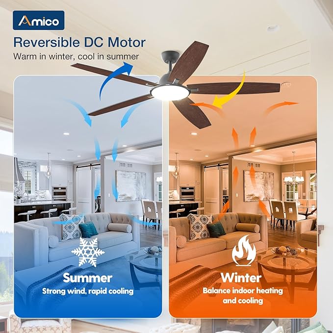 Amico Ceiling Fans with Lights, 60 inch Smart Ceiling Fan with Remote/APP/Alexa Control, Reversible DC Motor, 5 Blades, 6 Speeds, 3CCT, Dimmable, Noiseless, Ceiling Fan for Farmhouse, Bedroom, Brown