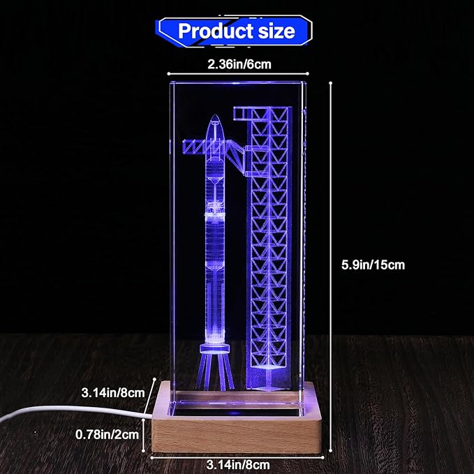 SpaceX Starship Collector's Crystal Lamp, 3D Laser-Etched Rocket Night Light, Ultimate Gift for Space Enthusiasts, Sci-Fi Fans & Mars Dreamers (Large)
