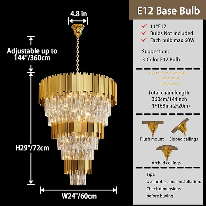 Modern Tier Crystal Chandelier for High Ceiling Luxury 8-Tier Round Chandeliers 11-Light Large Gold Crystal Chandelier for Entryway Adjustable Height D24in