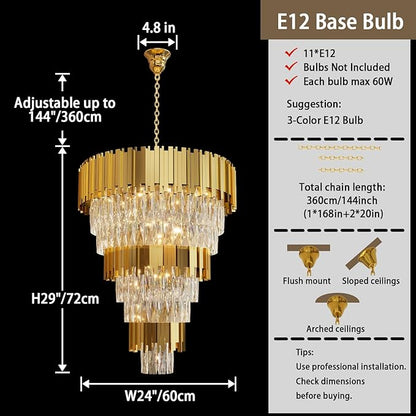 Modern Tier Crystal Chandelier for High Ceiling Luxury 8-Tier Round Chandeliers 11-Light Large Gold Crystal Chandelier for Entryway Adjustable Height D24in