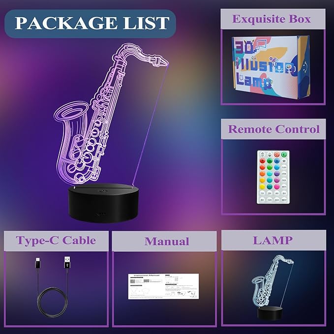 Saxophone Night Light, 3D Illusion Lamp with Remote Control, 16 RGB Colors, 4 Flashing Modes, Timer, Dimmable, Saxophone Accessories Toys Decor for Holiday Birthday Christmas