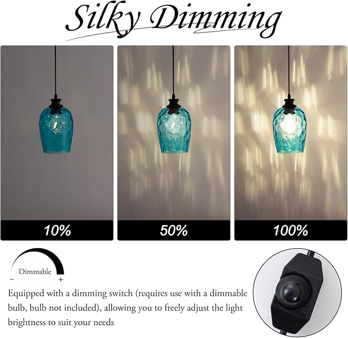 Blue Plug in Pendant Light Hand Blown Glass Shade Textured for Rippled Glow Dimmable Switch 16.4 Ft Cord E26 Base for Bedroom Office Nursery Indoor Outdoor Lighting