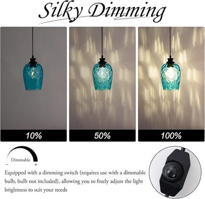 Blue Plug in Pendant Light Hand Blown Glass Shade Textured for Rippled Glow Dimmable Switch 16.4 Ft Cord E26 Base for Bedroom Office Nursery Indoor Outdoor Lighting