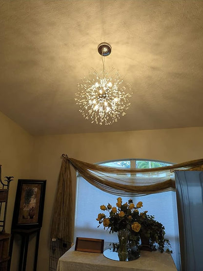Yiisem Modern Crystal Chandeliers, 9-Light Chrome Dandelion Firework Pendant Lighting, Chandelier Light Fixtures for Dining Room Bedroom Living Room Restaurant Kitchen Hallway